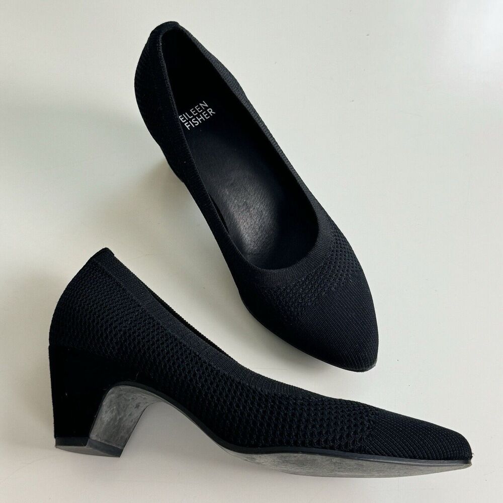 Eileen Fisher Black Knit Pointed-Toe Low Block Heels
